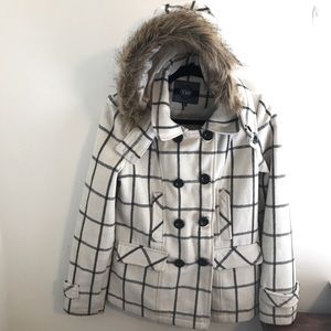 YMI Wool Plaid Faux Fur Hood Pea Coat